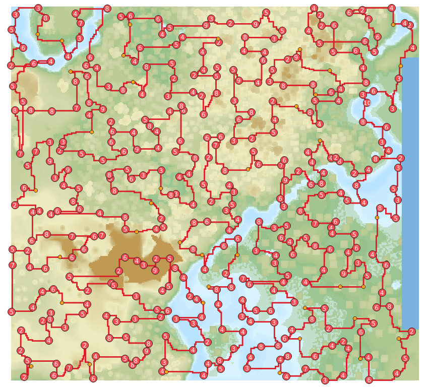 A pseudocolor map of the Minecraft region's heightmap, with a quickest route through all the diamonds plotted on top